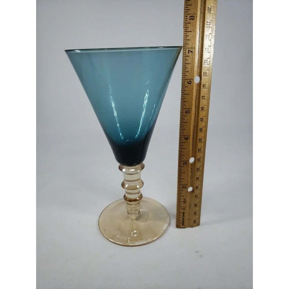 Vintage MCM Smoky Blue Glass Goblet Amber Stepped Ribbed Stem 2-Tone Wine Glass